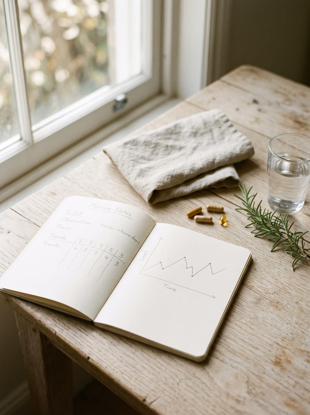 An open notebook with a hand-drawn chart beside supplements, rosemary, and a glass of water in morning light.